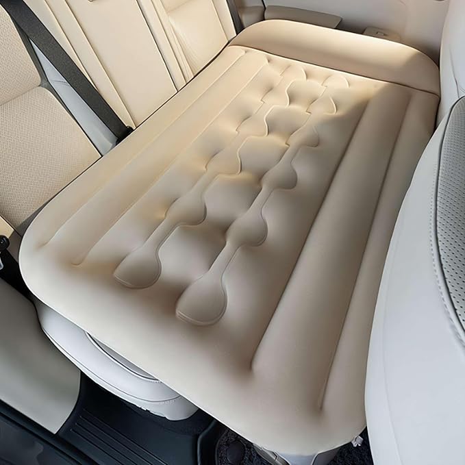 Inflatable Car Air Mattress Travel Bed, Thickened Car Camping Bed Sleeping Pad with Air Pump, Inflatable Pillows for Back Seat, Side Seat,Trunk Sleeping (Beige 1set)