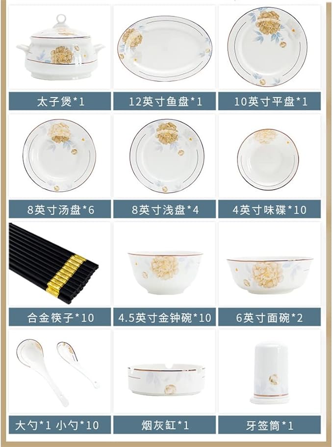 European Chopsticks Bone China Tableware Set Dishes Set 58 Pieces