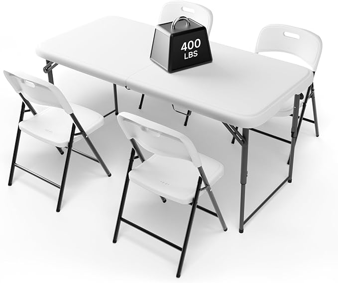 4FT Folding Table Set with 4 Chairs – Heavy-Duty 400 lb Table & 600 lb Chairs, Dual-Height Adjustment, Portable Folding Furniture Set for Camping, Parties, Indoor & Outdoor Use
