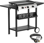 3 Burner BBQ Gas Griddle, 25.6 Inch Stainless Steel Portable Detachable Propane Griddle, 30,000 BTU Flat Top Barbecue Grill with Side Shelves for Camping