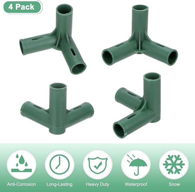 4 Pcs 19mm Greenhouse Frame Building Connectors, 3 Way Right Angle Pipe Fitting for Grape Trellis/Sunscreen Shed/Gardening Plant Stakes, Greenhouse Accessories [Green]