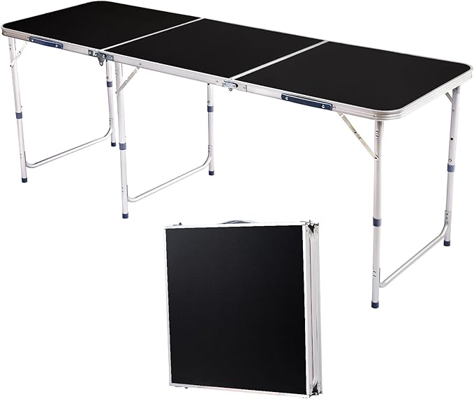 6Ft Camping Table Folding Portable Camp Aluminum Fold Up Lightweight Table Outdoor for Camping, Picnic, Portable Folding Aluminum Table Easy to Set & Carry - Black 180 x 60 x 70cm