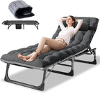 DoCred Folding Lounge Chair with Mattress, 5 Position Adjustable Folding Sleeping Bed Cot Chaise Lounge Chairs Perfect for Sunbathing, Camping, Pool, Beach, Patio
