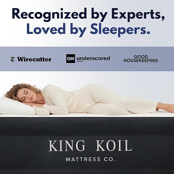 King Koil Pillow Top Plush Full Size Air Mattress with Built-in Pump for Home, Camping & Guests, Inflatable Airbed Luxury Double High Adjustable Blow Up Bed, Waterproof, 1-Year Warranty