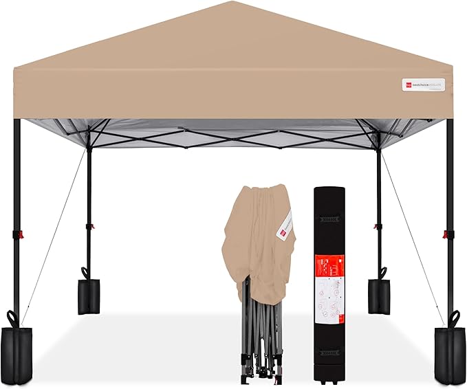 Best Choice Products 10x10ft Pop Up Canopy Tent, Outdoor Shade, 1 Person 1 Minute Set Up, Carry Case, 4 Weight Bags - Tan