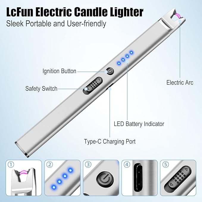 LcFun 3 Pack Candle Lighter Electric USB Rechargeable Plasma Arc Lighter with Safety Lock, Windproof Flameless Long Matches for Candle, Grill, BBQ, Camping, Gas Stoves (Gold,Pink,Silver)