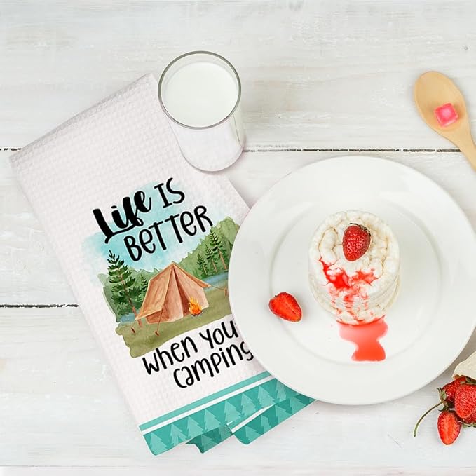4Pcs Camping Kitchen Towels White Absorbent Dishcloth Bonfire Tent Car Tea Towels 24 x 14 Inches with Funny Sayings Novelty Gifts for Campers Happy Camper Camping Accessories for Rv Campers
