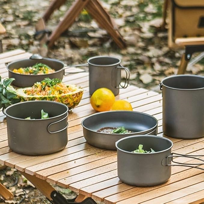 1SET Outdoor Pure Titanium Frying Pan Foldable Fork Set Camping Portable Pot and Tableware(Large)