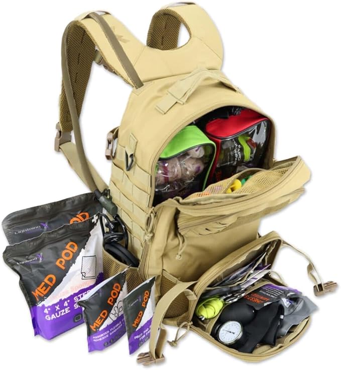 Lightning X Stocked Modular Trauma & Bleeding First Aid Responder Medical Backpack + Kit (Tan w/Hydration Bladder)