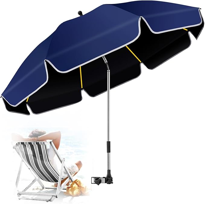 48.8 inch Beach Umbrella with Clamp Sun Shade for Beach Chair, 360°Adjustable UV Protection Golf Umbrella with Clip for Outdoor Stroller Wheelchair Camping Chair（ink blue）