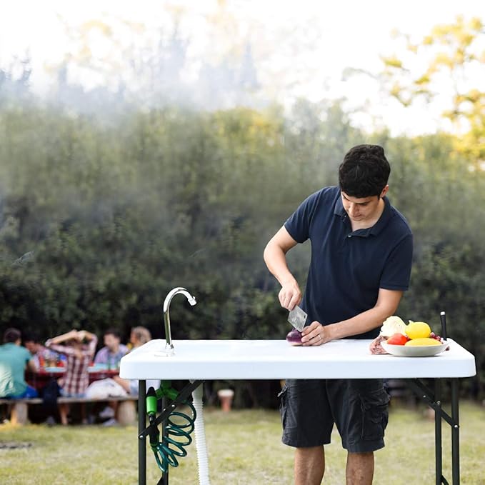 GYMAX Fish Cleaning Table with Sink, Folding Fish Cleaning Station with Adjustable Spray Cleaner, Foldable & Rotatable Faucet, Portable Fillet Table for Outdoor Camping, Fishing, Picnic