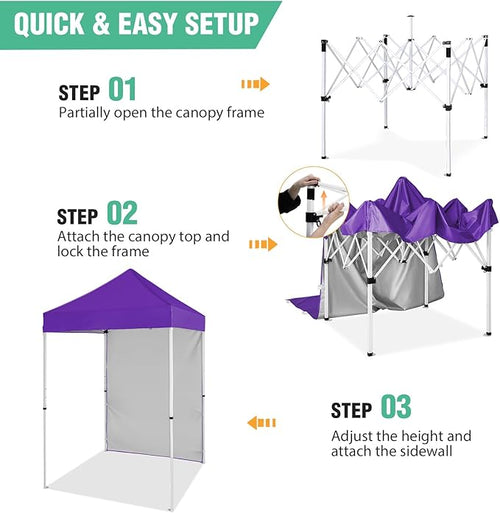5x5 Pop Up Canopy Tent with One Sidewall, Instant Portable Beach Canopy, Outdoor Tent with Carry Bag for Camping, Sports, Tailgating, Events, Purple
