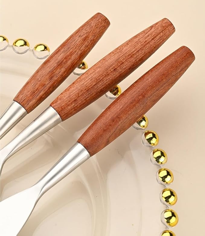 Silverware Flatware Cutlery Set， 5/20/30/40pcs Wooden Handle Mirror 304 Stainless Steel Knife， Fork and Spoon Thickened Rosewood Tableware，Silver-30 Pieces for 6