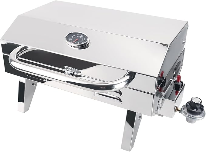 Boat Grill, 304 Stainless Steel Marine Grills w/Rod Holder Mount, Portable Propane BBQ for Boats & Tailgating & Camping, Built in Thermometer (Grill)