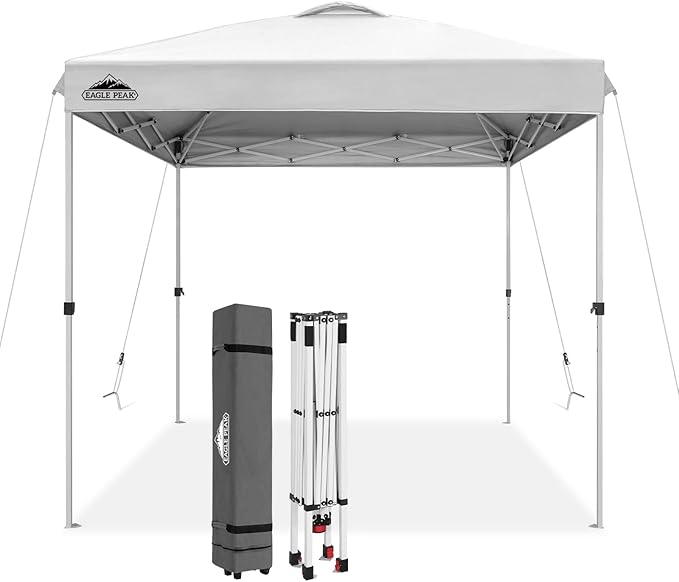 EAGLE PEAK Pop Up Canopy Tent with Wheeled Carry Bag, 8 Stakes, 4 Ropes, Easy Set Up Tent Canopy, 8x8 ft, White