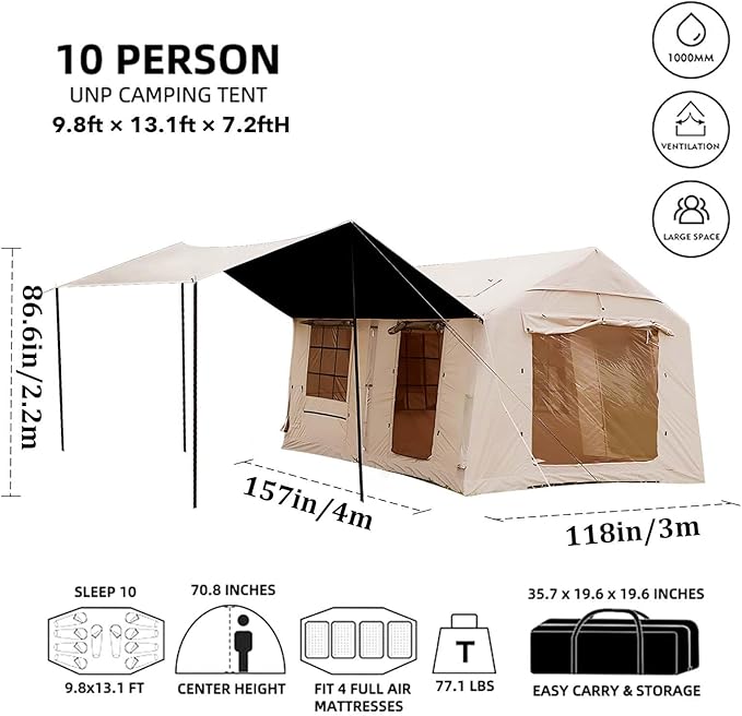 Inflatable Tents for Camping, Large Inflatable Camping Tent with Hand Pump, Easy Setup Tents for 2/4/6/8/10/12 People, Portable Glamping Tent