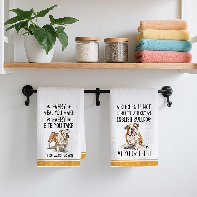 2Pcs Funny Dog Kitchen Towels 24x14 Inch, Cute English Bulldog Waffle Weave Dish Towels for Kitchen Home, White Absorbent Microfiber Hand Tea Towel, English Bulldog Gifts for Women Dog Lovers