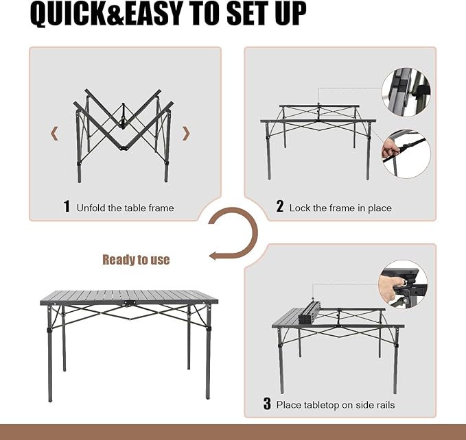 Portable Outdoor Camping Table, Oversize Aluminum Roll Up Lightweight Folding Table for Picnic, Barbecue, Beach, Tailgating, Party, Backyard, Indoor and Outdoor, Stable and Durable