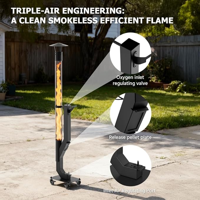 yoyomax Pellet Patio Heater, Outdoor Wood Pellet Fire Pit, Portable Rocket Stove with Ash Tray and Rain Cap for Backyard Camping Garden Balcony, PH08PRO
