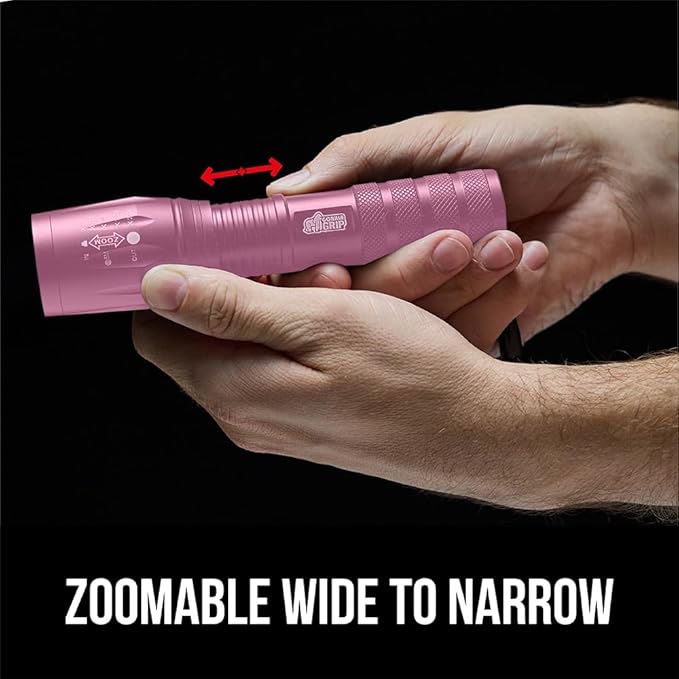 GORILLA GRIP Powerful LED 750 FT Water Resistant 5 Adjustable Mode Tactical Flashlight, High Lumens Ultra Bright Battery Life Zoom Flashlights, Small Camping Car Mini Flash Light Accessories, Pink