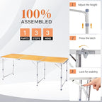 6.0 Ft Folding Portable Camping Table with Three Adjustable Heights, Tri-fold Outdoor Table, Outdoor Camping Kitchen, BBQ, Dining, Picnic, Cooking, Beach, Garden, Yellow