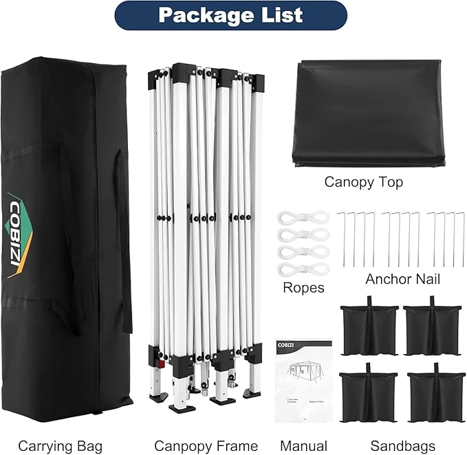 COBIZI 10x20 Pop up Canopy Tent Without Sidewall, Waterproof Portable Outdoor Canopy 10x20 Instant Shelter Tent for Parties, Wedding, Backyard, Carport with Carry Bag & 4 Sandbags(Black)