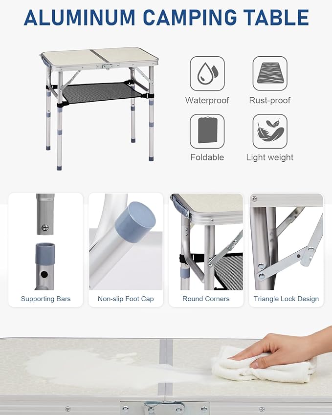 Outvita Folding Table, 2FT Aluminum Camping Table with Storage Adjustable Height Picnic Table Lightweight for Carring Outdoor Party Events Beach