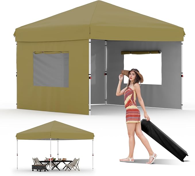10x10 Pop Up Canopy with 3 Sidewalls - Easy Up Camping Tent with One Button Push Setup - 1 Roller Bag, 3 Adjustable Height, 4 Weight Bags for Deck, Garden, Sports, Beach, Party - Khaki