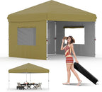 10x10 Pop Up Canopy with 3 Sidewalls - Easy Up Camping Tent with One Button Push Setup - 1 Roller Bag, 3 Adjustable Height, 4 Weight Bags for Deck, Garden, Sports, Beach, Party - Khaki