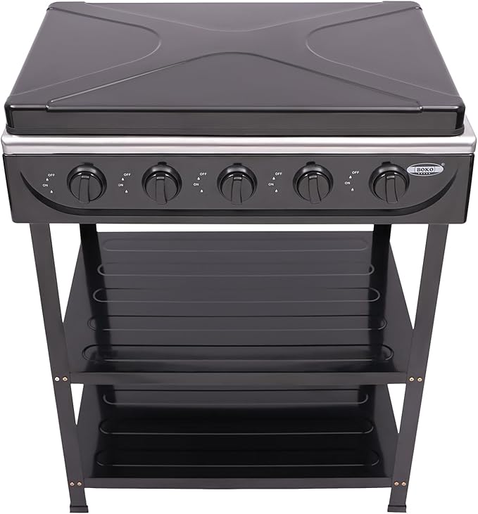 Outdoor Camping Stove, 5 Burner Propane Gas Cooker with Removable Storage Shelf and Windshield Cover for Camping, RV Outdoor Activities (Black)