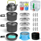 Camping Tableware Set 4 Person Outdoor Picnic Cooking Supplies with Bucket Bowl Pans Fold Knife Fork Cookware 29PCS Kit