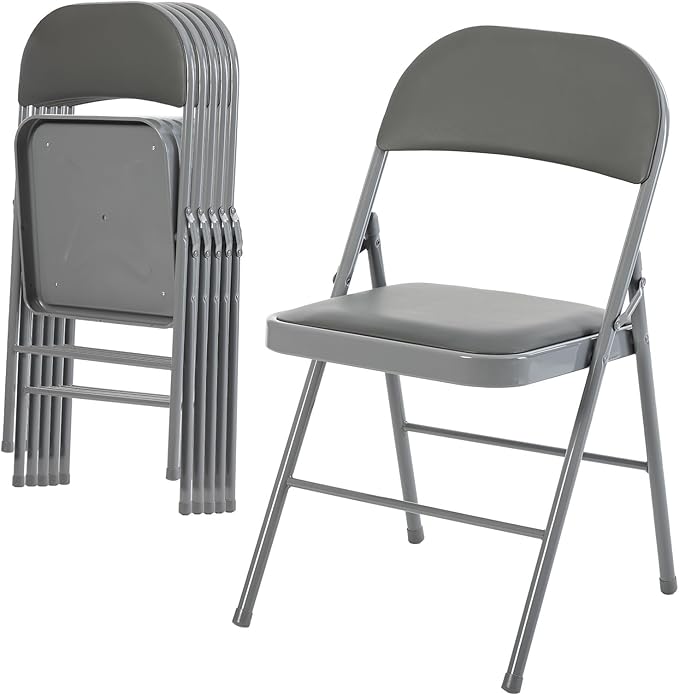 DUMOS 6 Pack Folding Chairs with Padded Cushion and Back - PU Leather Stackable Portable Dining Chiars Set, for Home and Office, Conference, Wedding, Party, Patio, Garden, for Indoor Outdoor, Grey