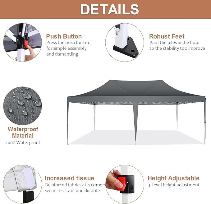 COBIZI 10x20 Pop Up Canopy Tent with Sidewalls, Outdoor Party Tent, Waterproof & UV50+, 3 Adjustable Heights, Higher Frame Design for Parties Backyard, Weddings, Markets, Gray