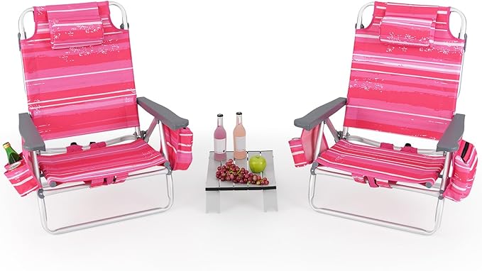 GYMAX Beach Chairs, Backpack Camping Chair with Armrest, Cooler Bag, Cup Holder, Towel Bar & Side Pockets, Sunbath Sling Tanning Lounge, Folding Layout Chair (with Table, Pink Stripe)