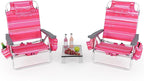 GYMAX Beach Chairs, Backpack Camping Chair with Armrest, Cooler Bag, Cup Holder, Towel Bar & Side Pockets, Sunbath Sling Tanning Lounge, Folding Layout Chair (with Table, Pink Stripe)