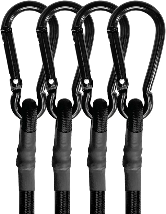 80in 4 Pcs Bungee Cords with Carabiner Hooks Heavy Duty, Outdoor Black Bungee Straps, Strong Industrial Grade Elastic Bungee Rope for Securing Tarps, Luggage, Tents，Bikes or Garden Tidying