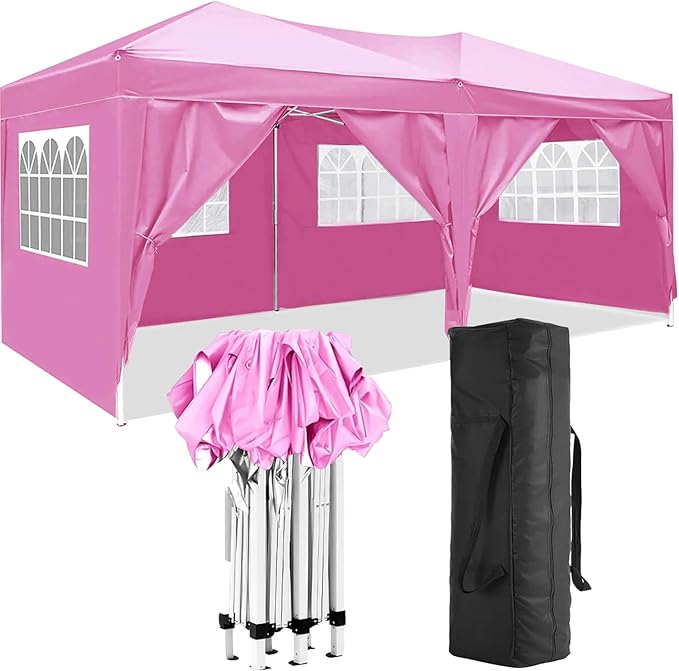 10x20 Pop Up Canopy Tent Heavy Duty with 6 Removable Sidewalls, Water Resistant, UV-Resistant, Portable Outdoor Instant Event Shelter for Parties, Weddings, Camping, Pink