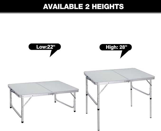 Aluminum Folding Table 4 Foot, Adjustable Height Lightweight Portable Camping Table for Picnic Beach Outdoor Indoor, White 48 x 24 inches