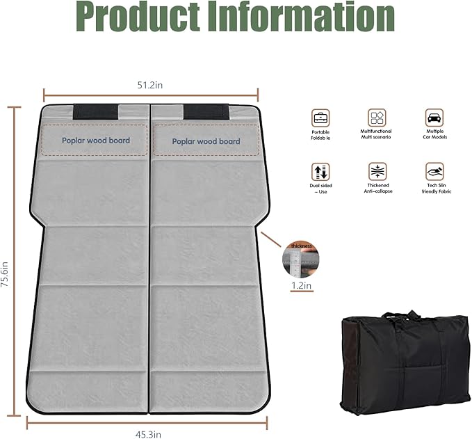 Car Air Mattress Upgrade from Non-Inflatable Foldable Mattress, 75.6"x51.2" Car Bed with Storage Bag, Portable Thickened Sleeping Mattress for Camping, Travel, Beach, Fits Most SUVs (Gray)