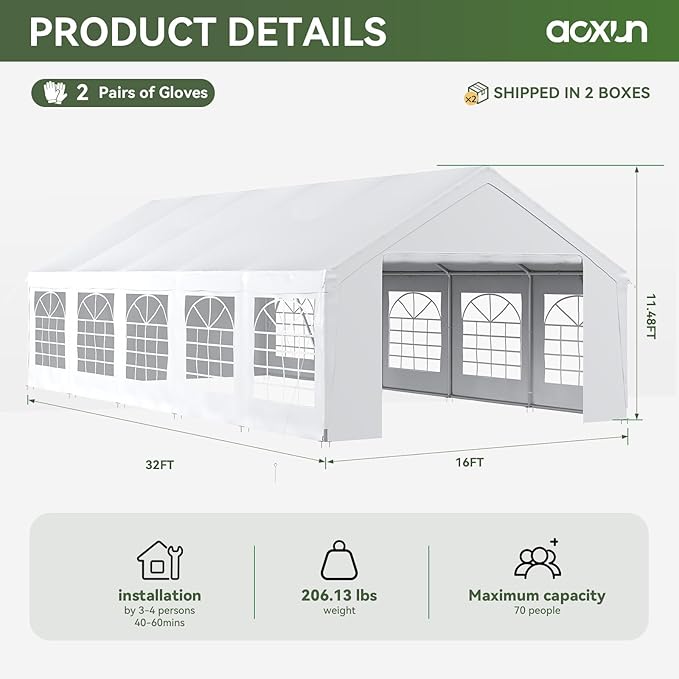 Aoxun 16x32 Party Tent Canopy for Weddings Waterproof Event Tent with Removable Sidewalls &Roll-up Door, Heavy-Duty Steel Frame for Outdoor Weddings, BBQ, Birthday Parties, & Camping,White