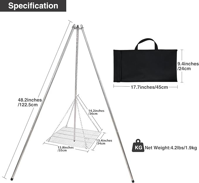 Lineslife Campfire Tripod Grill for Cooking, Durable Stainless Steel Camping Fire Tripod Grill with Grill Grate and Carrying Bag for Outdoor BBQ, Silver
