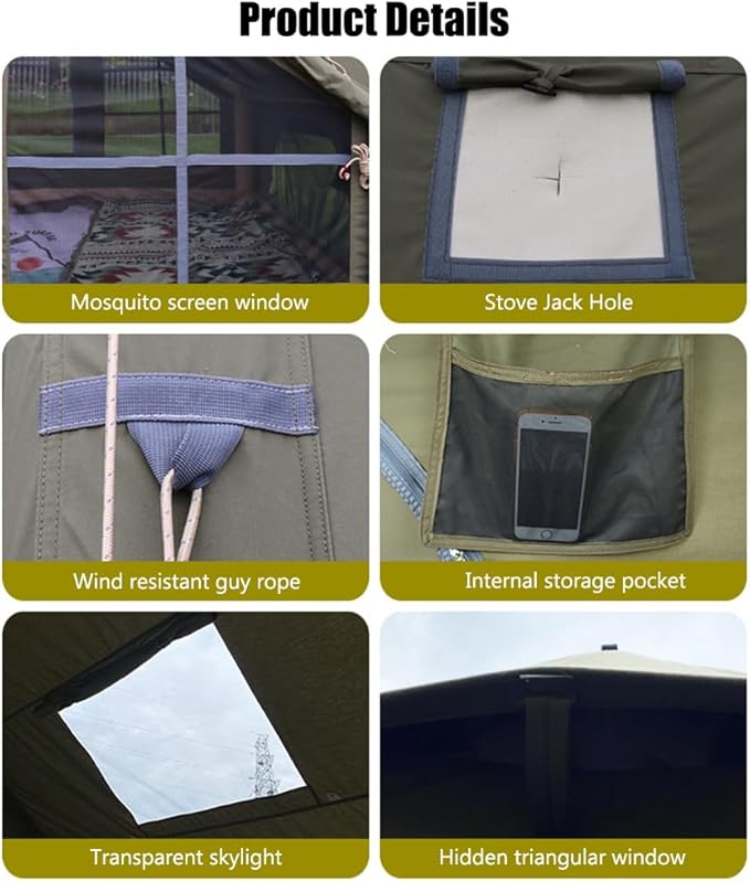 Large Luxury Inflatable Camping Tent Cotton Canvas Tent, Breathable and Waterproof Air Tent with Skylight and Stove Jack Hole for for 4-6-8-10 Person Family Camping
