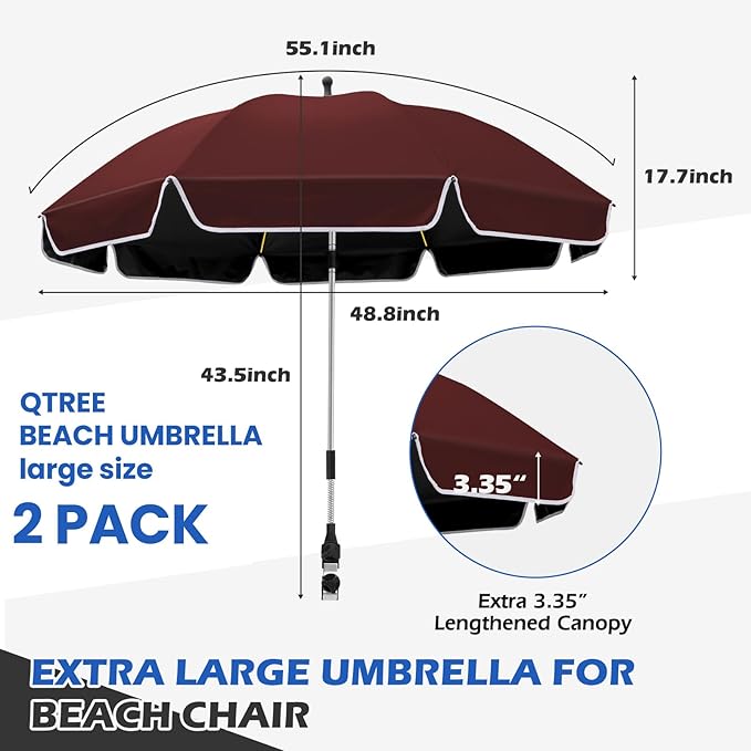 2Pack 48.8 inch Large Beach Umbrella with Clamp Sun Shade for Beach Chair, 360°Adjustable UV Protection Golf Umbrella with Clip for Stroller Wheelchair Camping Chair