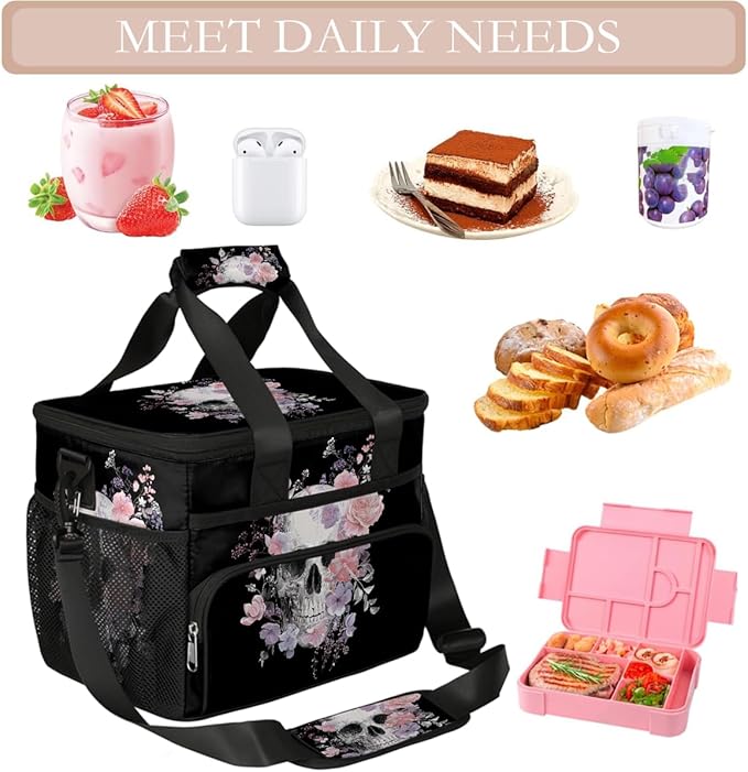 Skull Flower Floral Soft Cooler Bag Insulated Lunch Box for Men & Women, Large Leakproof Lunch Bag Portable Beach Cooler for Work, Picnic, Road Trips,Fishing, Travel, Camping,A-19