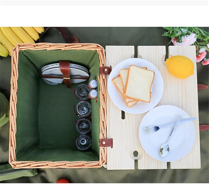 Portable Rattan Picnic Basket Set with Shoulder Strap - Insulated Outdoor Picnic Box with Cover & 4-Piece Tableware for Camping and Outdoor Activities