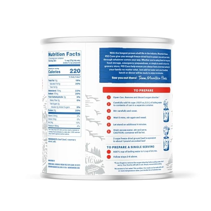 Mountain House Freeze-Dried Pre-Cooked Ground Beef #10 Can – 132 Total Servings (6 Cans, 22 Servings Each) – Ready-to-Eat Hamburger Meat – Gluten-Free, High-Protein Emergency Survival Canned Food – Shelf-Stable Long-Term Storage for Camping, Hiking, Ba...