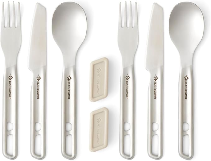 Sea to Summit Detour Stainless Steel Camp Cutlery Set, 2 Person (2 Knives, Forks, Spoons, w/Silicone Keeper)
