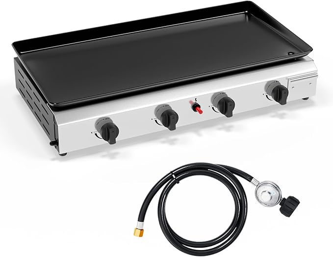 Bonnlo 4 Burner Portable Propane Griddle, 40,000BTU Gas Grill with Enameled Tray, Rolling Flat Top Gas Grill with Electronic Ignition & Regulator for Outdoor Camping Cooking BBQ