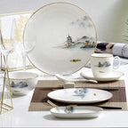 Pottery Tableware,8 Pieces Landscape Painting Porcelain Dinnerware Set Ceramic Plate Combination Sets Dinner Plate Dessert Plate Bowl and Mug
