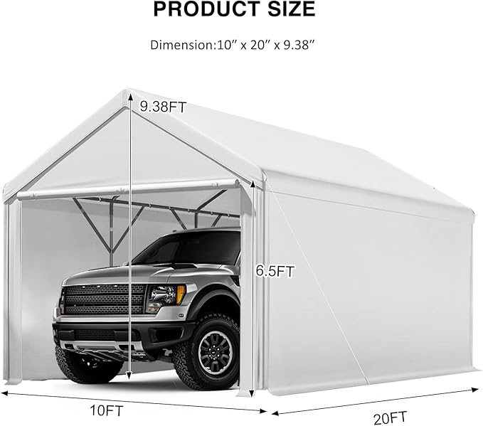 Carport 10x20ft Heavy Duty Canopy,Portable Garage Party Tent,Portable Garage with Removable Sidewalls & Doors All-Season Tarp for Car,Truck,Party White
